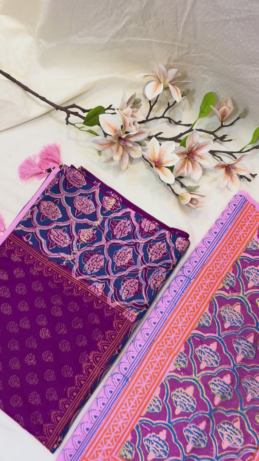 Light Pink & Purple Block Print Cotton Suit Set