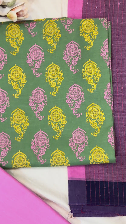 Green & Pink Block Print Cotton Suit Set
