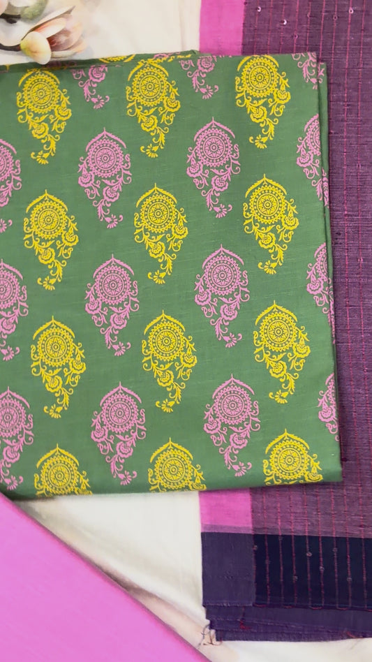 Green & Pink Block Print Cotton Suit Set