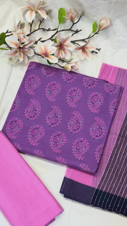 Purple & Pink Block Print Cotton Suit Set
