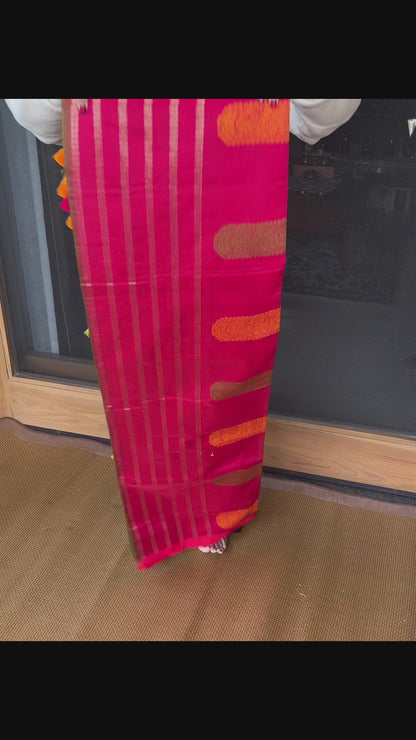 Magenta Green Yellow Bengal Mercerised Cotton Saree
