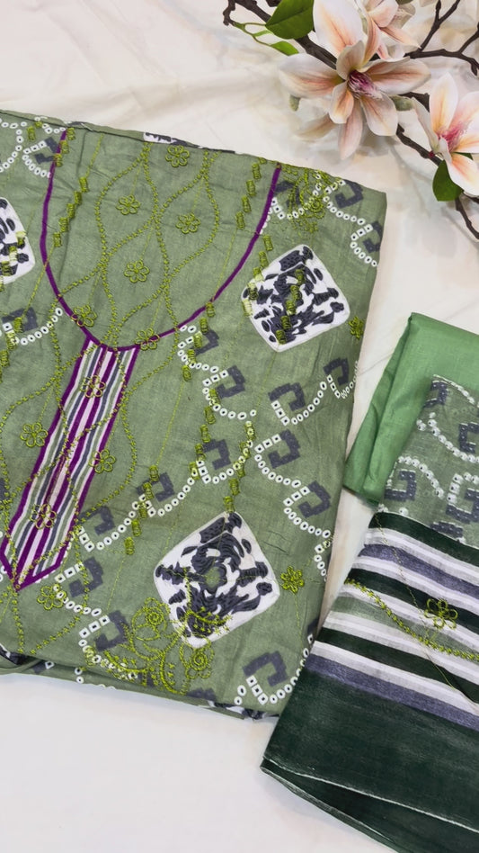 Green Aari Work Cotton Suit Set