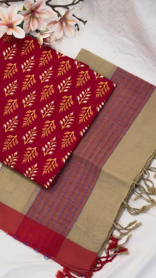 Red & Gold Block Print Cotton Suit Set