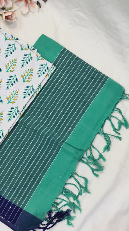 White & Green Block Print Cotton Suit Set
