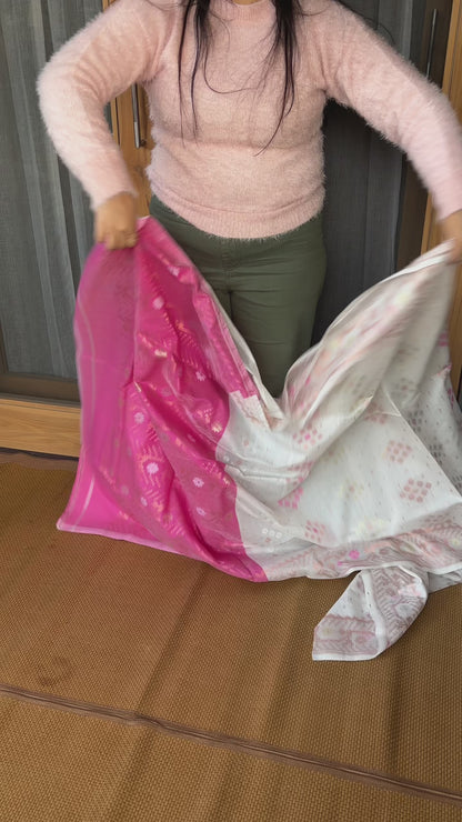 Pearl White Cotton Silk Saree With Zari Booti