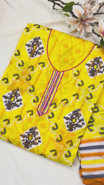 Yellow Aari Work Cotton Suit Set