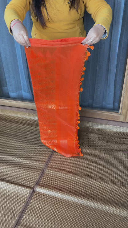 Orange Cotton Silk Saree With Zari Pallu