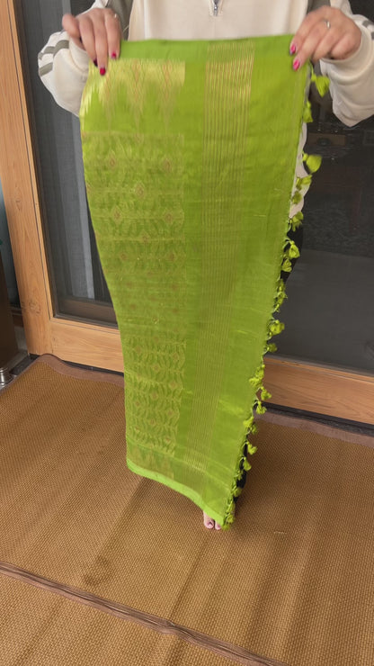 Bright Green Cotton Silk Saree With Zari Pallu