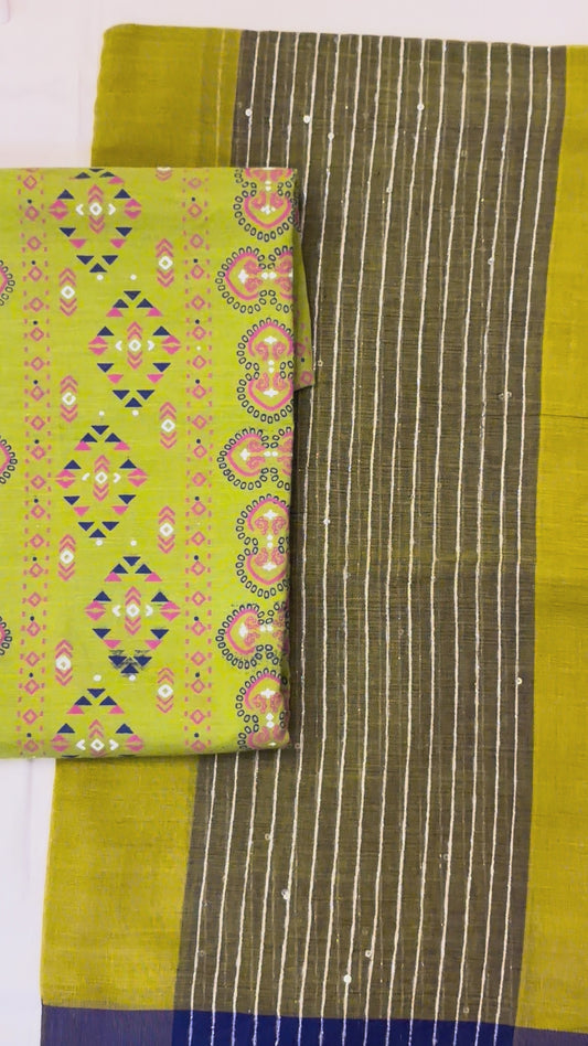 Green & Blue Block Print Cotton Suit Set