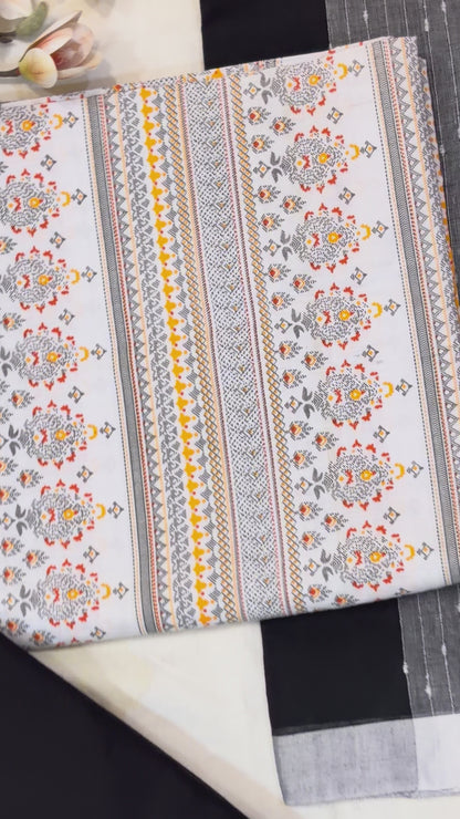 White & Black Block Print Cotton Suit Set