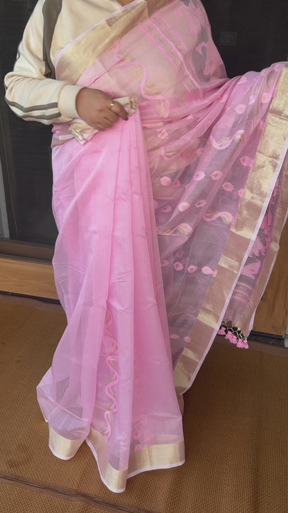 Pink Jacquard Cotton Silk Saree with Zari border